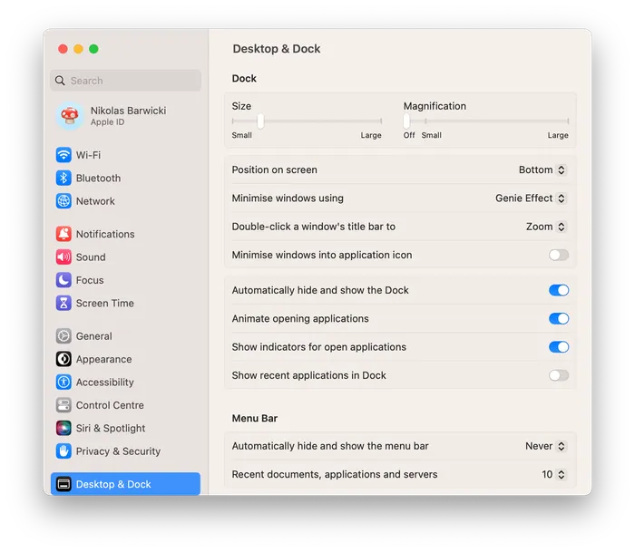 MacOS desktop and dock settings