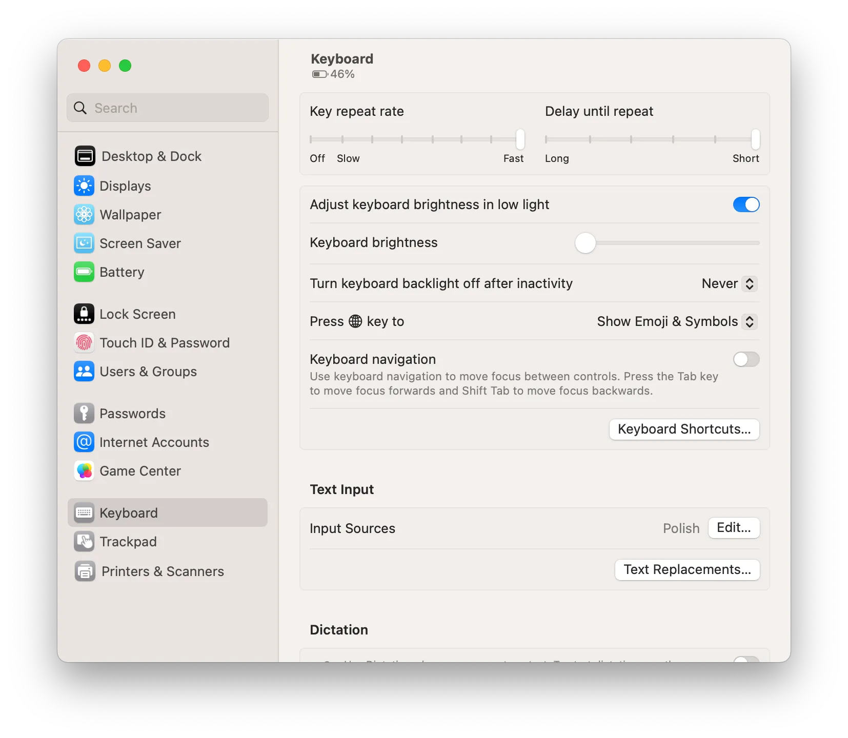 MacOS keyboard settings